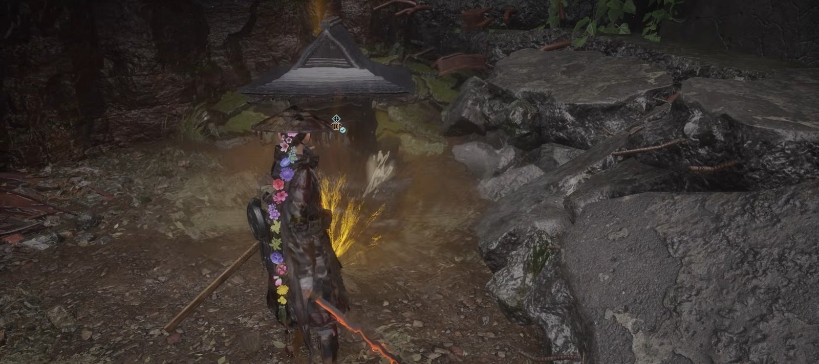 Emma standing at a Dragon Vein Shrine in the Ancient Civilization Zone — a knee-high stone shrine with a pagoda roof and a golden glow marking the interaction point