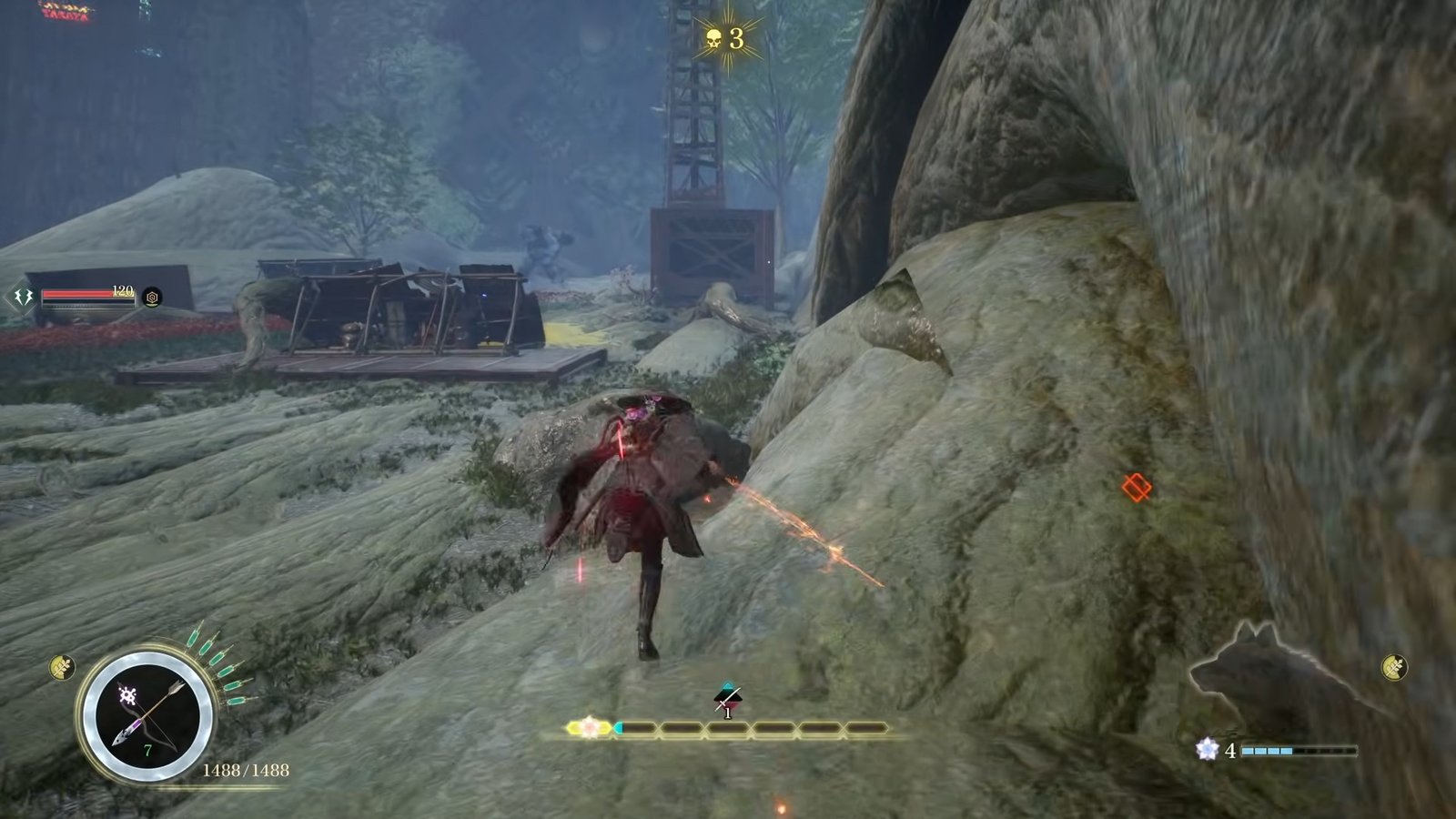 Emma running along a massive moss-covered root toward a cableway trestle tower in the Giant Tree Zone — the layered Drowned Region terrain that makes this map hard to navigate