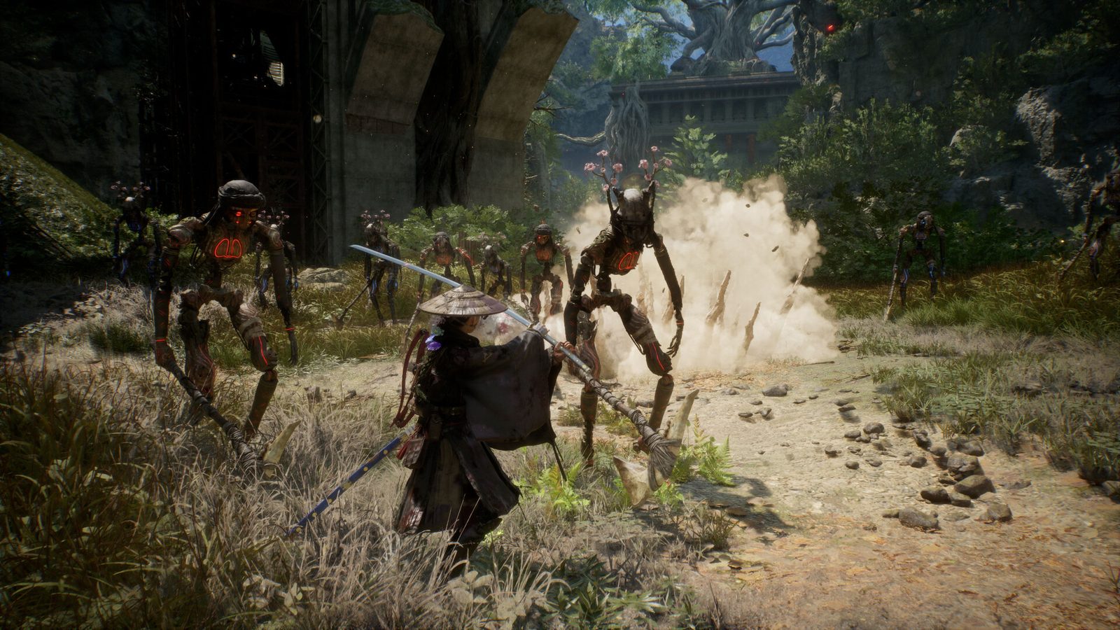 Emma parrying a group of corrupted golems in early Beast of Reincarnation combat