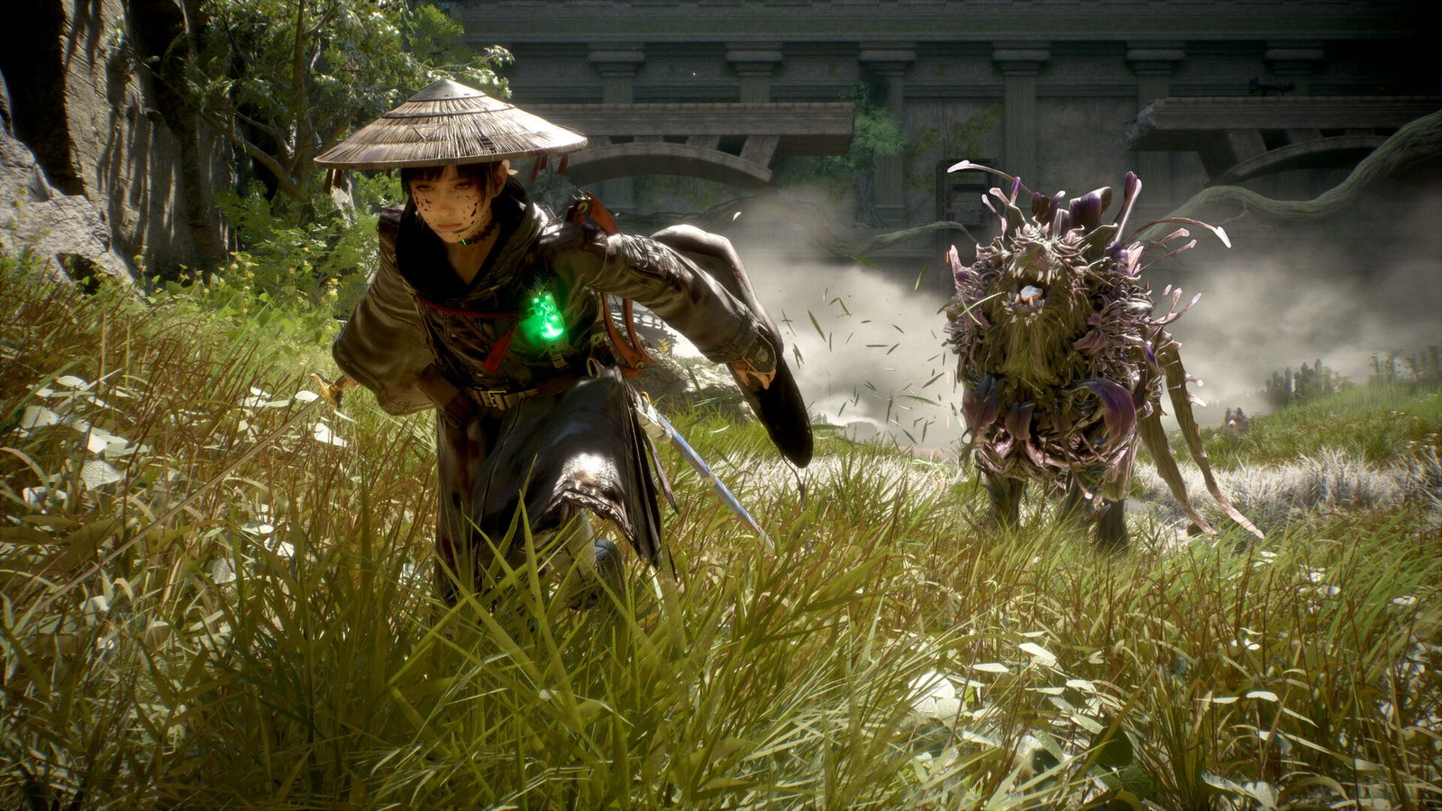 Emma in a sword-ready stance against a blighted creature, showing the parry-focused combat the build centers on