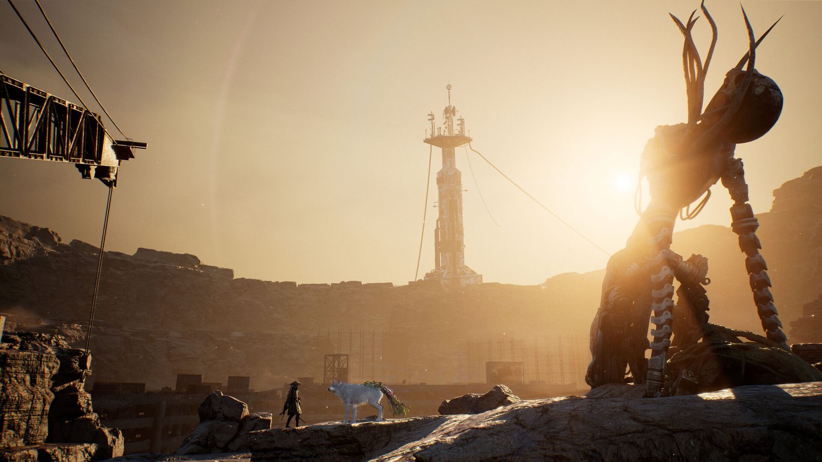 A wasteland region at sunset in Beast of Reincarnation, with a towering beast silhouette on the horizon