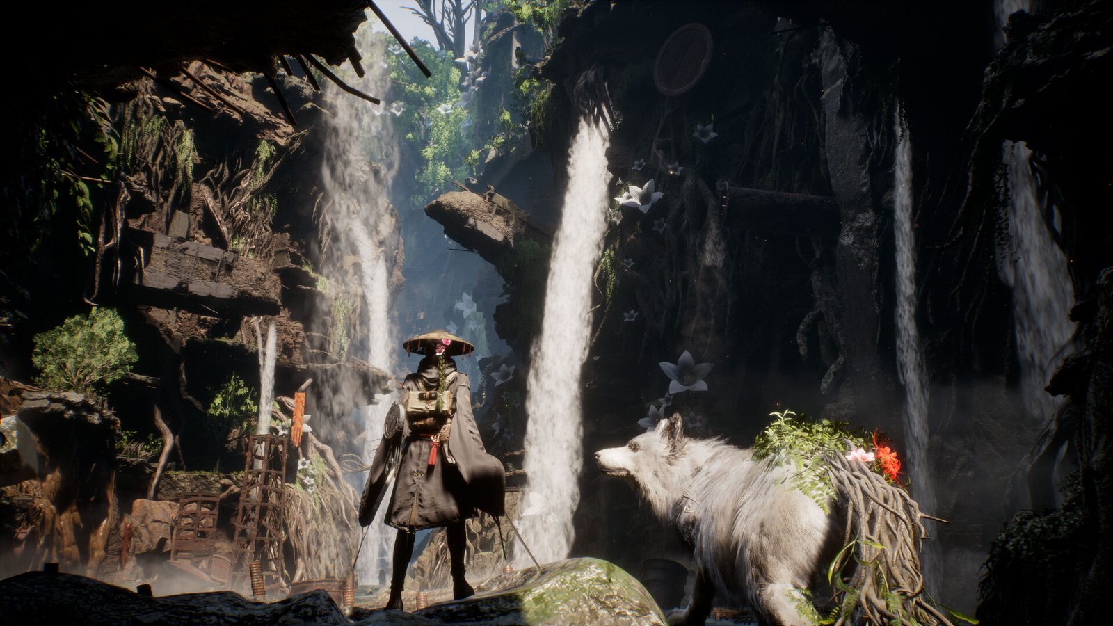 Emma and Koo exploring a waterfall cave in the Ogouchi Buffer Zone, where the yellow key is found