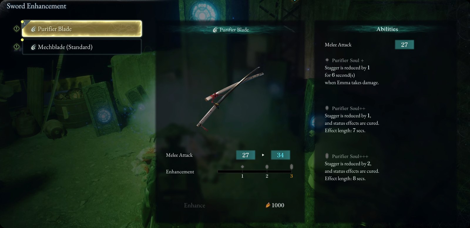The Sword Enhancement screen — weapon upgrades cost Amber only, which is where most of your money goes