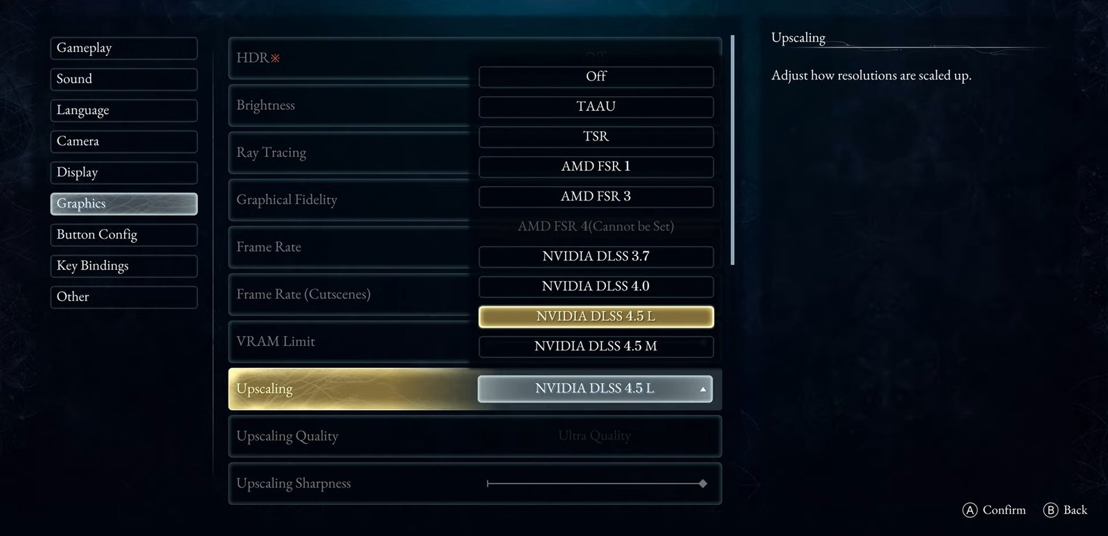 Beast of Reincarnation's upscaling menu — NVIDIA DLSS 4.5 L selected, DLSS 3.7/4.0/4.5 M listed, and AMD FSR 4 greyed out as Cannot be Set on an NVIDIA card